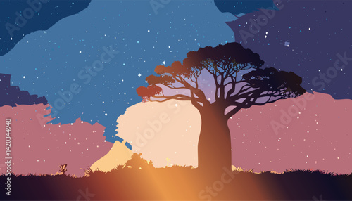 ethereal african twilight with a silhouetted baobab tree against a softly glowing sunset and a starry, cloudy sky vector illustration


