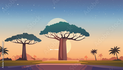 serene african sunset with silhouetted baobab and palm trees reflecting in calm water under a pastel gradient sky with a few stars vector illustration

