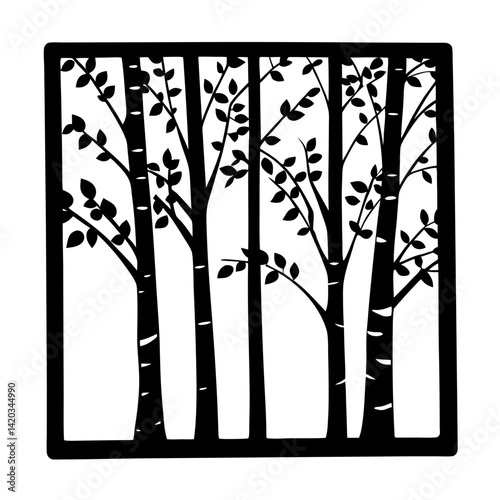 Black and White Birch Tree Forest Silhouette Framed with Square Border