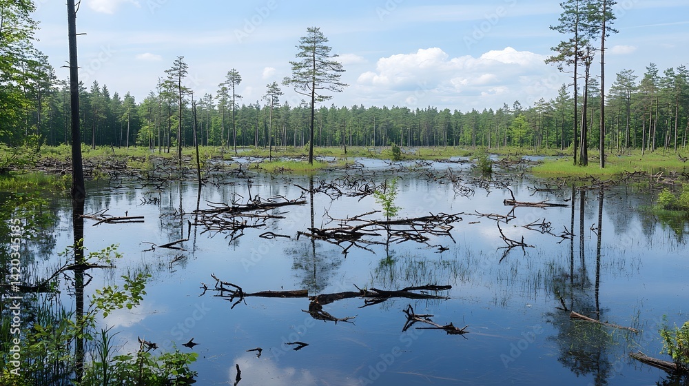 Obraz premium Tranquil Forest Swamp Landscape with Reflection