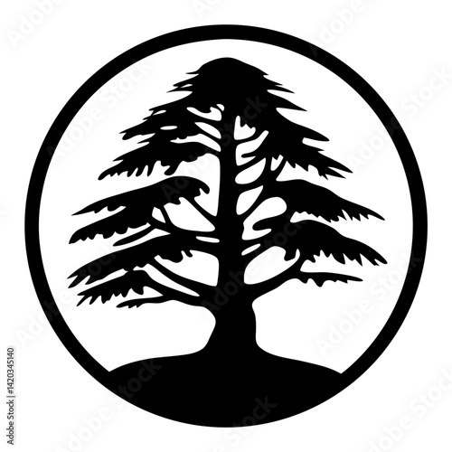 Stylized black and white depiction of a Cedar of Lebanon within a circle