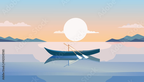 serene lake sunrise with a silhouetted rowboat and oars reflecting in calm waters against a backdrop of distant hills and a soft gradient sky vector illustration

