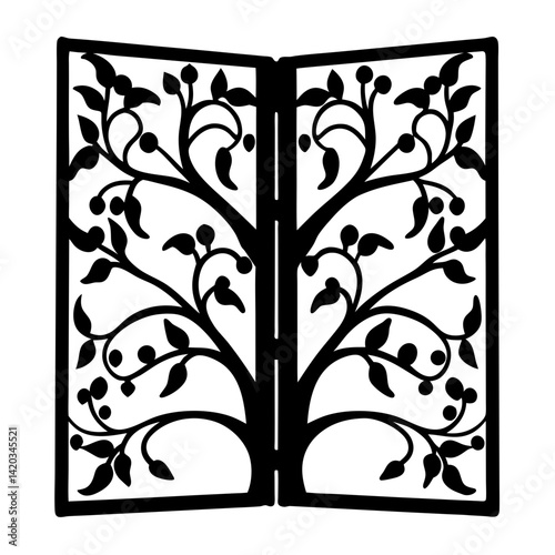 Elegant ornate folding screen in black and white, featuring a stylized tree