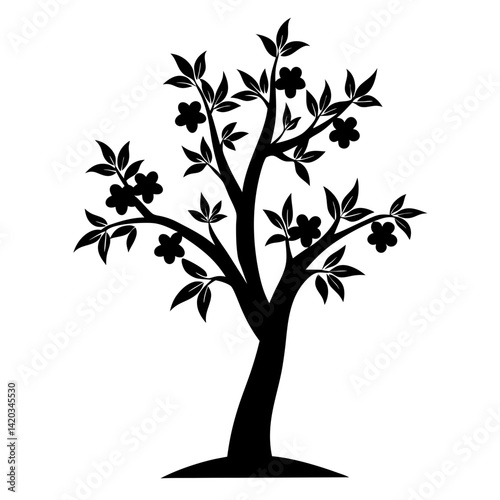 A stylized blossoming tree with leaves and flowers in black silhouette