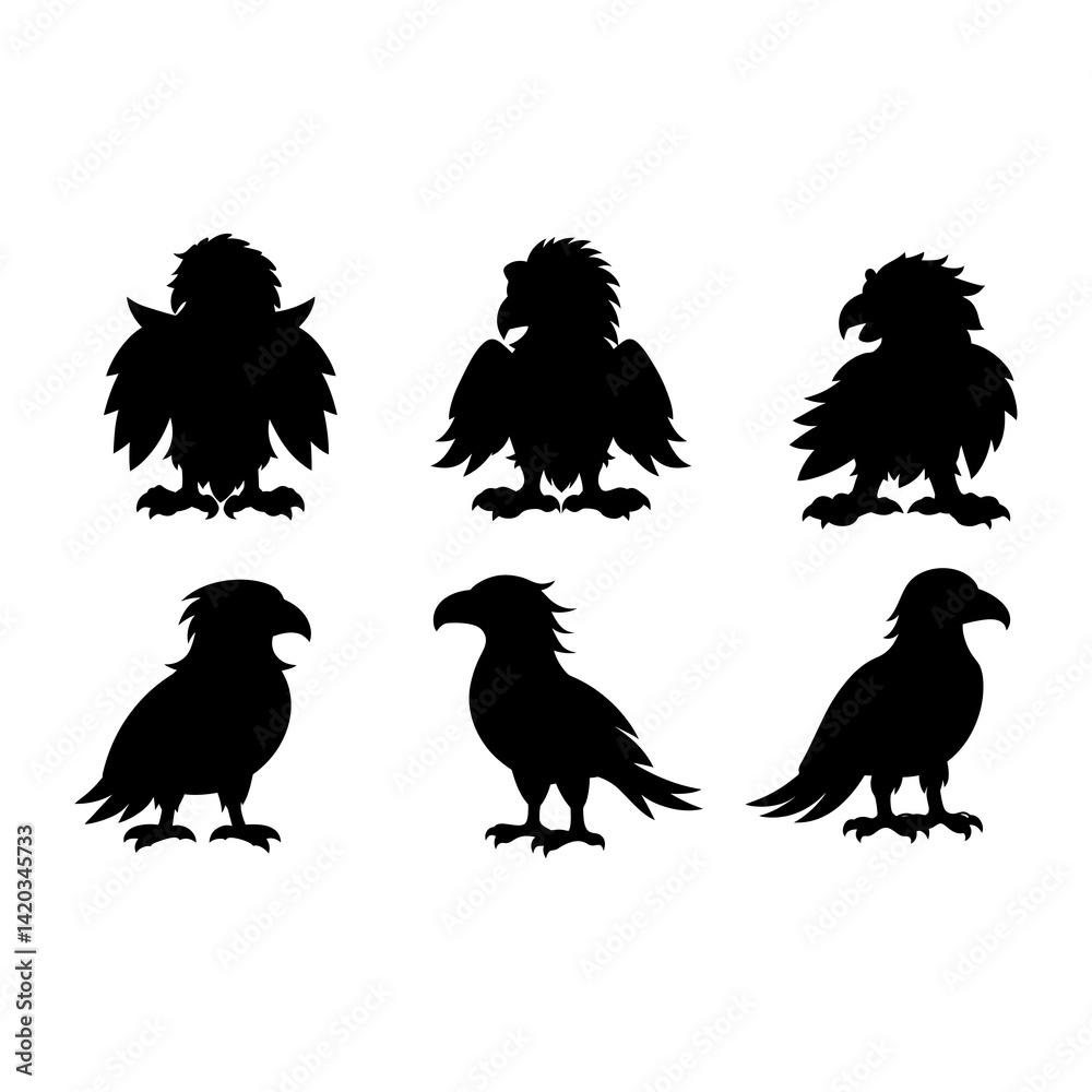 Obraz premium Collection of six stylized eagle silhouettes in various poses against a white background design art