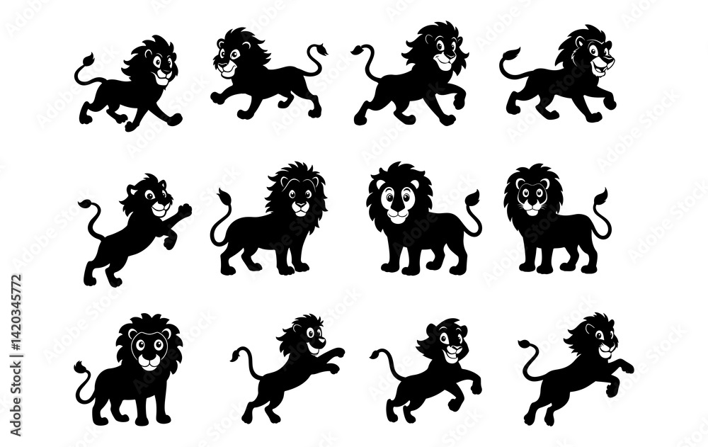 Naklejka premium Twelve cartoon lions in various poses are arranged in a grid pattern on a white background isolated view