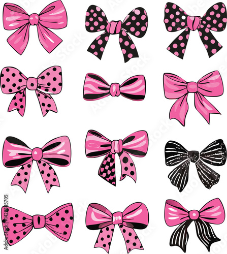 Twelve Pink and Black Bows with Polka Dots and Stripes Design Elements