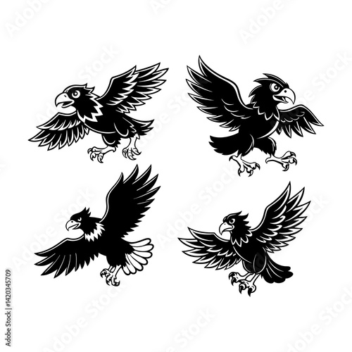 Four stylized eagles in black and white showcasing different poses of flight and perched positions