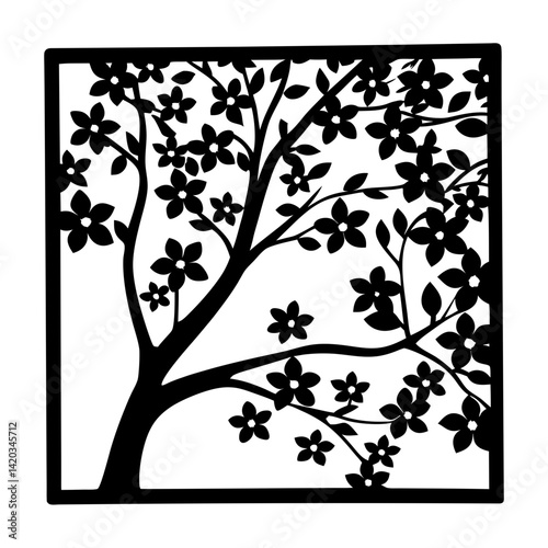 Elegant Black and White Blossom Tree Silhouette within a Square Frame Design