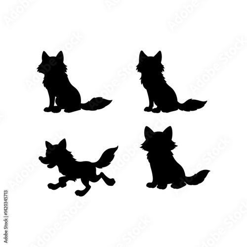 Four wolf silhouettes depict different poses including sitting and running on a white background art