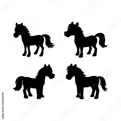 Four black horse silhouettes in various poses against a white background in a simple vector art style