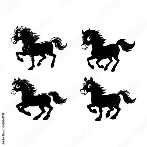 Four cartoon horses in black silhouette galloping on a white background in a playful manner