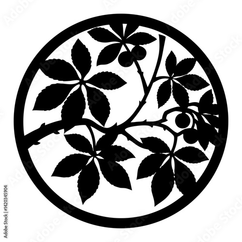 Silhouetted Horse Chestnut Branch with Berries in a Circular Frame Design