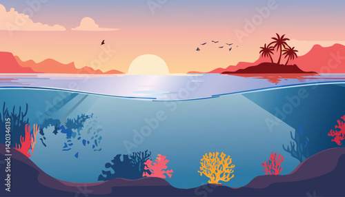 tropical sunrise with colorful coral reefs and fish underwater, and a silhouetted island with palm trees and birds, vector illustration

