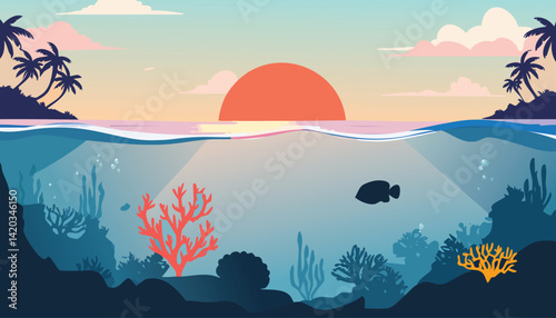 vibrant tropical sunrise with colorful coral reefs and fish underwater, framed by silhouetted islands with palm trees, vector illustration