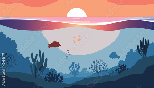 tropical sunrise with vibrant coral reefs underwater and silhouetted islands with palm trees on the horizon, vector illustration