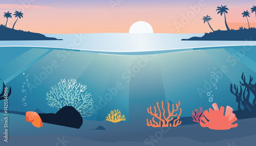 tropical sunrise with vibrant coral reefs underwater and silhouetted islands with palm trees on the horizon, vector illustration

