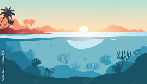 serene tropical sunrise with underwater coral reefs and silhouetted islands with palm trees on the horizon, vector illustration

