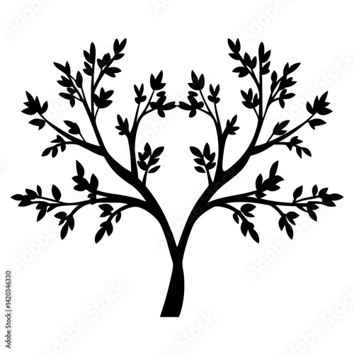 Black Silhouetted Tree with Leaves Spreading Outward on a White Background