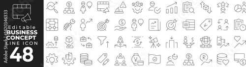Business Concept Icon Set: A Line Icon Collection Featuring Strategy, Innovation, Teamwork, Goal, Success, and More