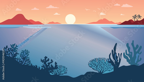 peaceful tropical sunrise with underwater coral and a distant island with palm trees on the horizon, vector illustration

