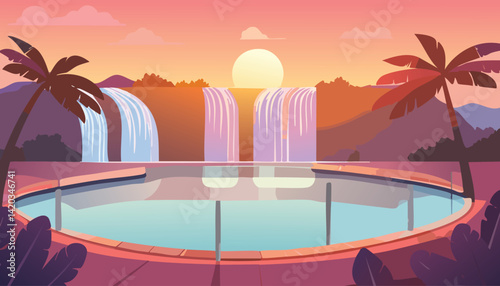 tropical oasis at sunrise with waterfalls flowing into a serene infinity pool, framed by palm trees and lush foliage, vector illustration

