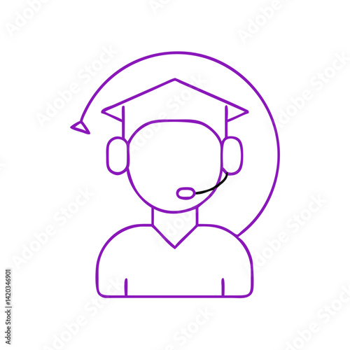 Academic Support Icon with Headset and Graduation Cap in Simple Line Art  