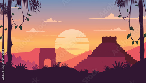vibrant jungle sunrise with silhouetted Mayan pyramids and ancient archways against a colorful sky framed by tropical trees and vines, vector illustration

