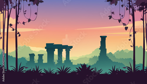 serene jungle dawn with silhouetted ancient temple ruins nestled amongst lush vegetation and misty hills, framed by tropical trees and hanging vines, vector illustration

