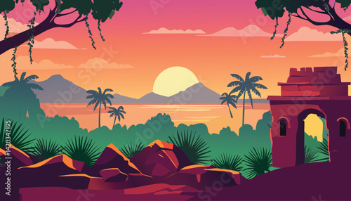 vibrant jungle sunset with ancient stone ruins silhouetted against a colorful sky, framed by tropical trees and lush vegetation, vector illustration

