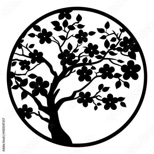 Elegant Cherry Blossom Tree Silhouette Encased in a Perfect Circular Frame Design