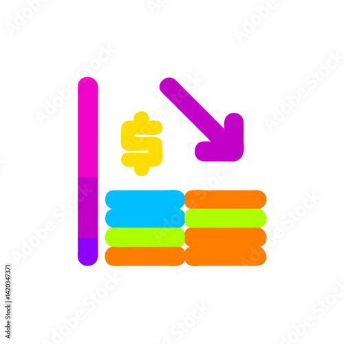 Colorful financial decline icon with downward arrow illustration  