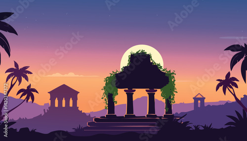 mystical jungle moonrise with silhouetted ancient ruins overgrown with vines, framed by palm trees against a vibrant twilight sky, vector illustration

