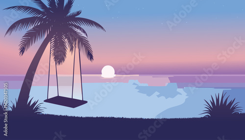 dreamy tropical moonrise with a swing hanging from a palm tree silhouetted against a calm ocean and a soft pastel sky, vector illustration


