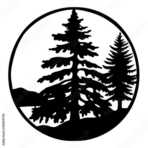 Silhouetted Pine Trees and Lake in a Circle Landscape Design Element