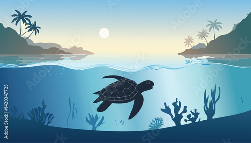 peaceful tropical dawn with a silhouetted sea turtle swimming over coral and seagrass near island shores with palm trees, vector illustration

