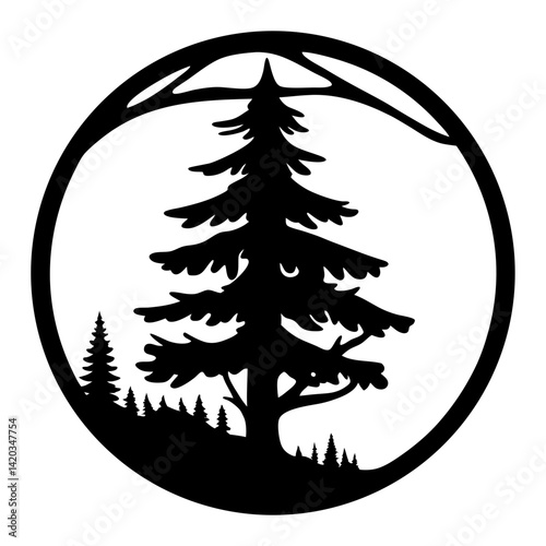 Monochrome Silhouette of Pine Tree Landscape Encased in a Stylized Circle