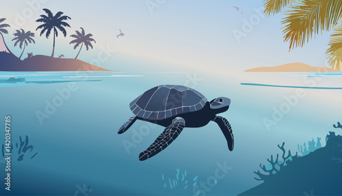 peaceful tropical ocean scene with a sea turtle swimming near the surface, with palm tree islands in the soft morning light, vector illustration

