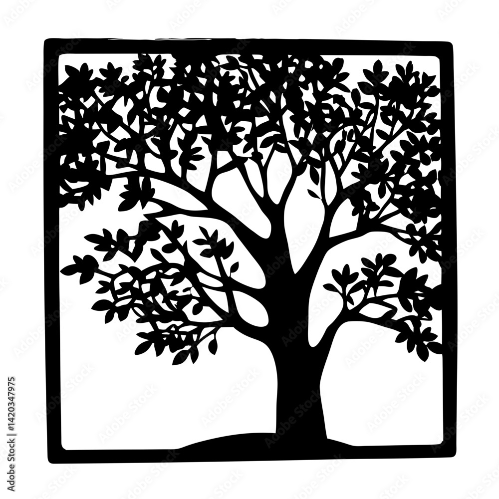 Obraz premium Silhouetted tree with dense foliage in a square frame evokes nature's simplicity