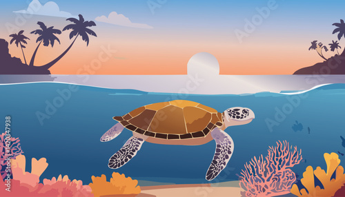 
graceful sea turtle swimming in a tropical ocean with coral reefs and silhouetted palm tree islands at sunset, vector illustration

