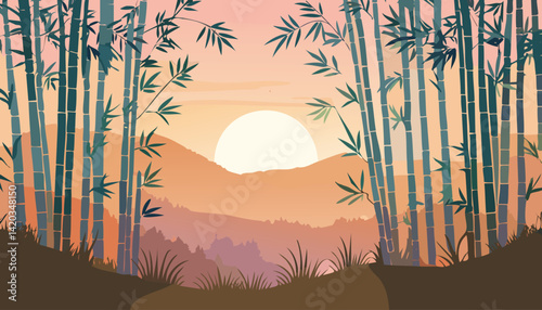 warm sunset over misty mountains framed by a lush bamboo forest, creating a tranquil and scenic landscape, vector illustration

