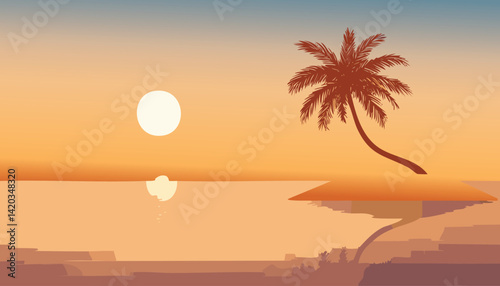 minimalist tropical sunset scene with a silhouetted palm tree on a cliff overlooking the calm ocean, vector illustration

