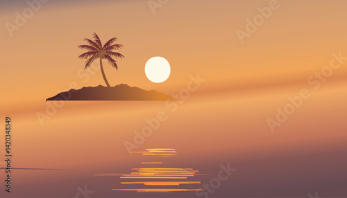 minimalist tropical island with a single palm tree silhouetted against a calm ocean at sunset, vector illustration

