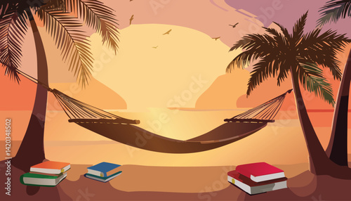 relaxing tropical beach scene with a hammock strung between palm trees at sunset, with books scattered on the sand, vector illustration