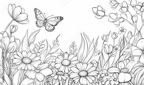 Spring meadow flowers, butterfly; nature background, coloring page