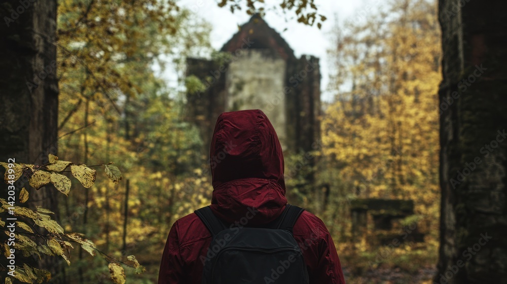 Man walks to ancient crumbling castle in woods, exploring history. Travel, background use Man walks to ancient crumbling castle in woods, exploring history. Travel, background use