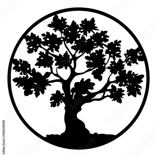 Elegant silhouette of a leafy tree enclosed within a circular frame design