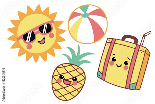 66 Cartoon summer icons, cheerful suitcase, smiling sun with sunglasses, colorful beach ball, pineapple drink, vibrant colors, cute faces, playful design, vector illustration, white background, travel