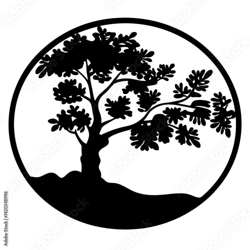 Silhouette of a deciduous tree within a circle on a white background