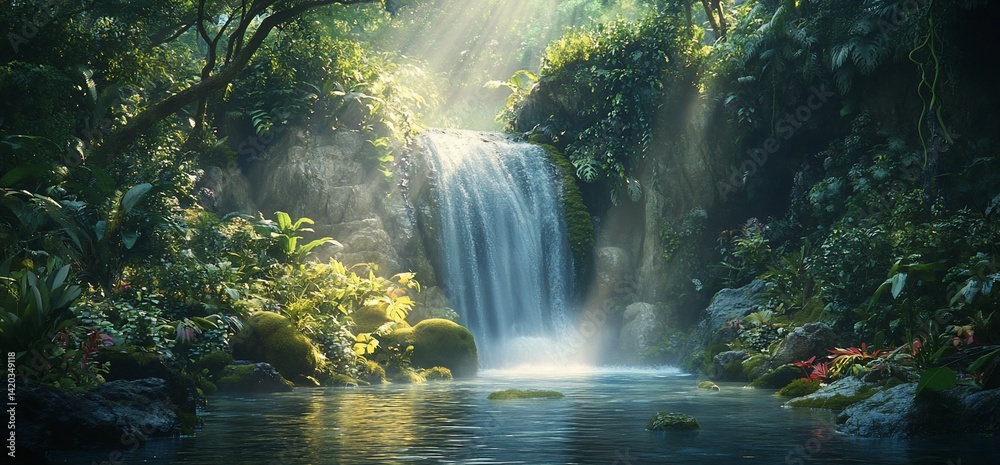 Serene waterfall cascading into a tranquil pool surrounded by vibrant flora Serene waterfall cascading into a tranquil pool surrounded by vibrant flora